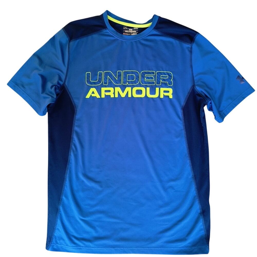 Under Armour Heat Gear Tee Men's Sz M Fitted Blue Short Sleeve Spellout Logo